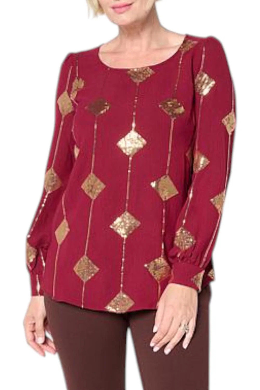 Nina Leonard Women's Textured Wave Sequin Balloon Slv Top Cherry Wine - Regular